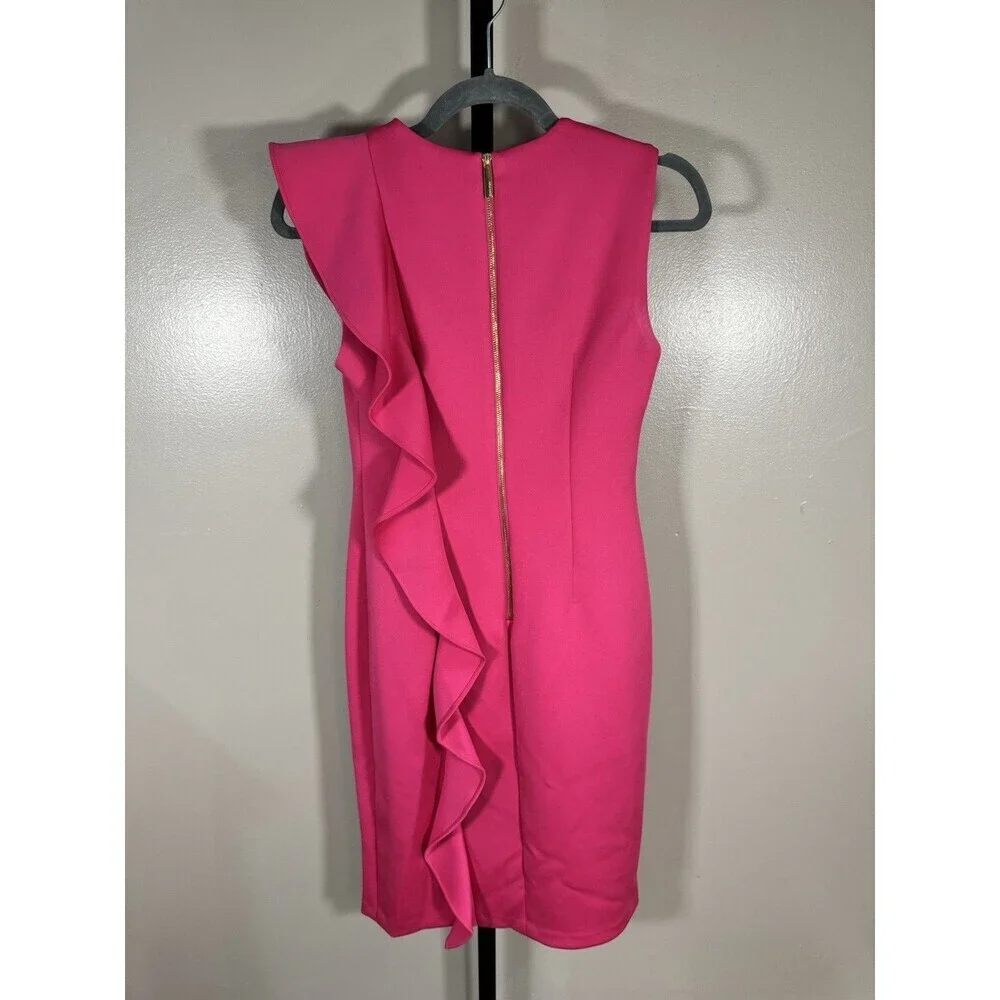 CALVIN KLEIN SZ 2 HOT PINK GOLD ZIP BODYCON COCKTAIL DRESS ELEGANT CHIC FORMAL - Picture 3 of 6